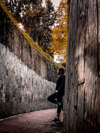 Side view of man on wall by trees