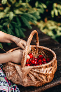 Close-up of hand holding strawberries in basket
