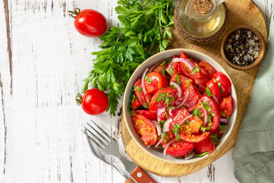 High angle view of strawberries on table