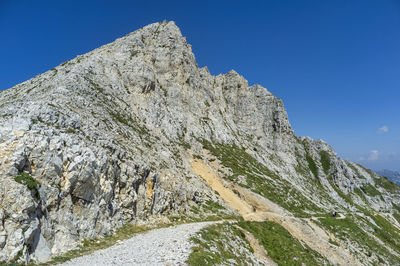 Low angle view of rock formations against clear blue sky