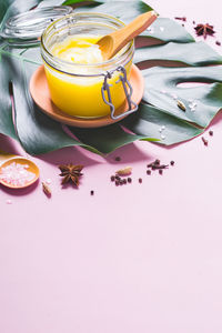 High angle view of breakfast on table