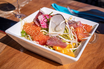 Close-up of food served on table