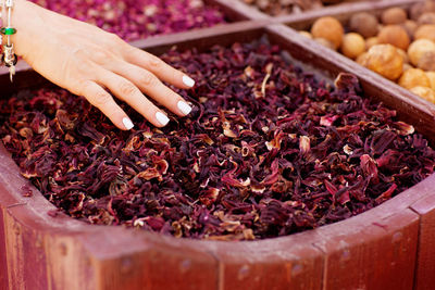 Large selection of different spices on the market, close-up