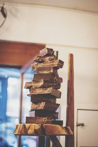 Low angle view of stack on table