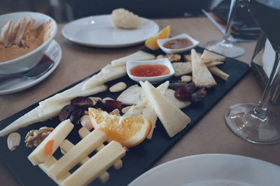 High angle view of breakfast on table