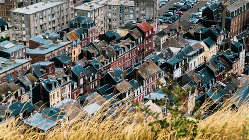 High angle view of buildings in city