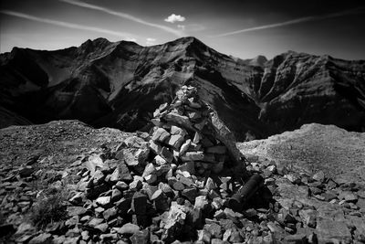 Stack of stones against mountain