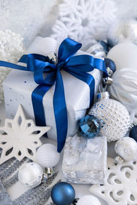 High angle view of christmas decorations on table