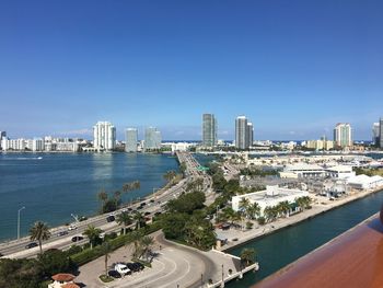 High angle view of city at waterfront