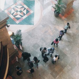 High angle view of people on table