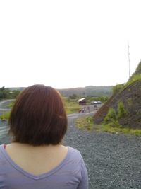 Rear view of man looking at landscape against clear sky