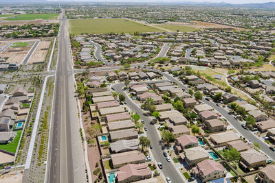 High angle view of street amidst buildings in city