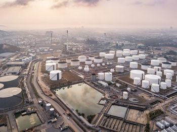 High angle view of buildings in city against sky