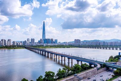 Bridge over river by buildings against sky in city