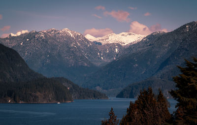 Scenic view of lake and mountains against sky