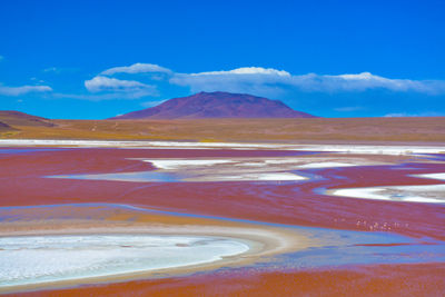 Scenic view of mountains against blue sky