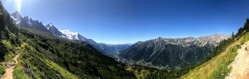 Panoramic view of mountains against clear blue sky