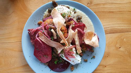 High angle view of meal served on table