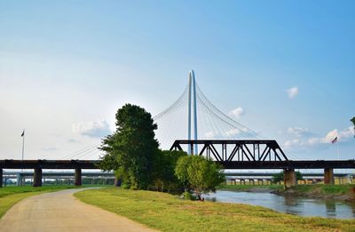 Railway bridge over river against sky