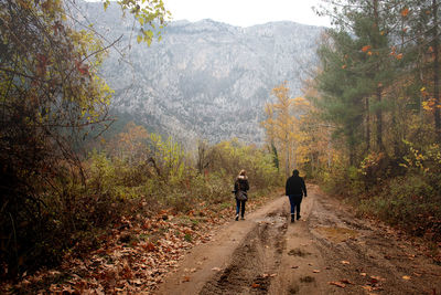 Rear view of couple walking on footpath in forest during autumn