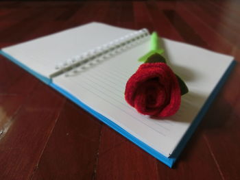 High angle view of open book on table