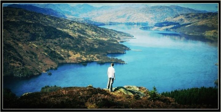 water, mountain, transfer print, tranquility, lake, tranquil scene, scenics, beauty in nature, nature, auto post production filter, sky, blue, mountain range, reflection, landscape, rock - object, day, idyllic, non-urban scene, outdoors