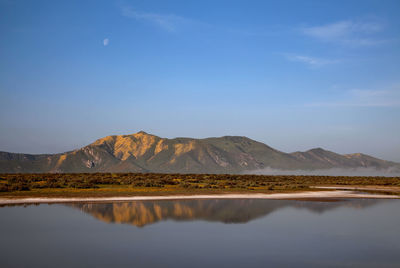 Scenic view of lake and mountains against sky