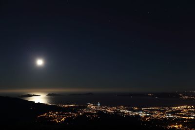 Aerial view of illuminated sea against sky at night