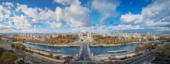 Scenery view from the eiffel tower height to the paris cityscape, france. seine river, trocadero