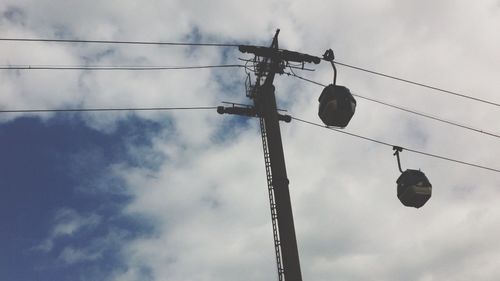 Low angle view of power lines against cloudy sky