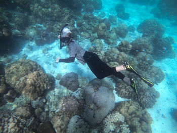 High angle view of man swimming in sea