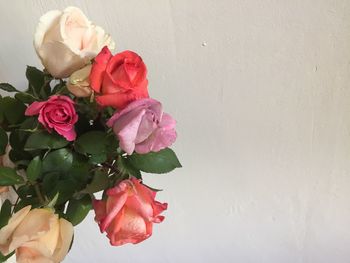 Close-up of rose bouquet against wall