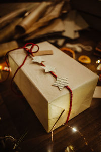 High angle view of christmas decoration on table