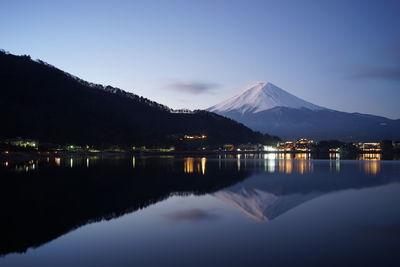 Scenic view of lake by snowcapped mountains against sky