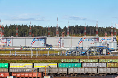 Train on railroad tracks against sky