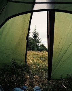 Low section of man relaxing in tent on field