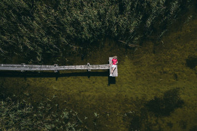 Aerial view of woman lying down by trees