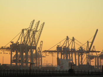 Cranes at commercial dock against sky during sunset