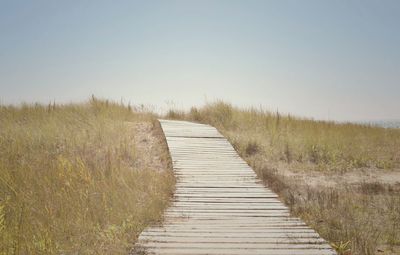 Boardwalk amidst grass against clear sky