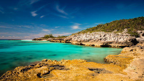 Scenic view of sea against blue sky