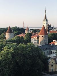 High angle view of buildings in town against sky