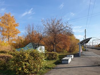 Footpath amidst trees against sky during autumn