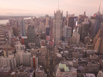 Aerial view in the heart of manhattan, new york city with timessquare street view and tall skyscraper canyon
