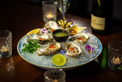 Close-up of food served on table