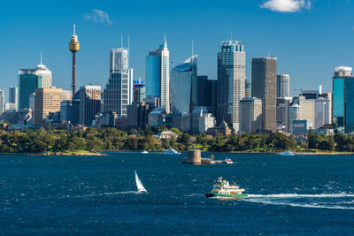 Sydney cityscape of sydney cbd and sydney tower with ferries and yachts over sydney harbour