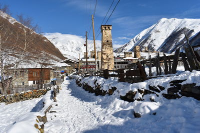 Winter in ushguli in the caucasus mountains in samegrelo-zemo svaneti region, georgia