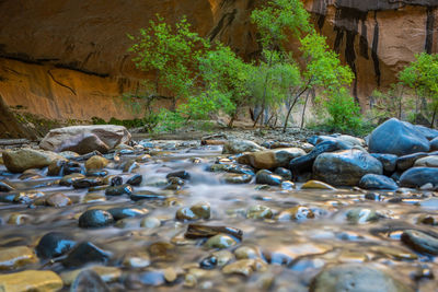 Surface level of water flowing over rocks in river