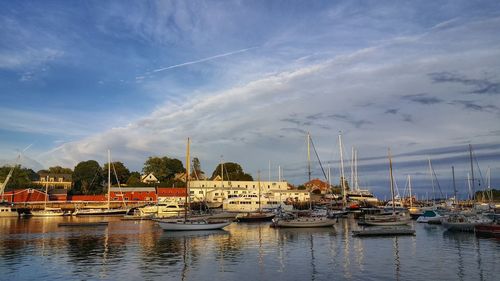 Sailboats moored at harbor against sky