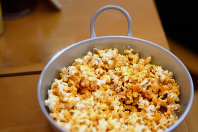 High angle view of popcorn served on table