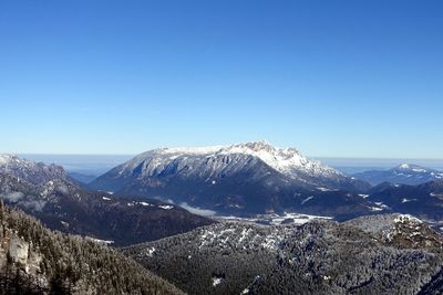 Scenic view of mountains against clear blue sky